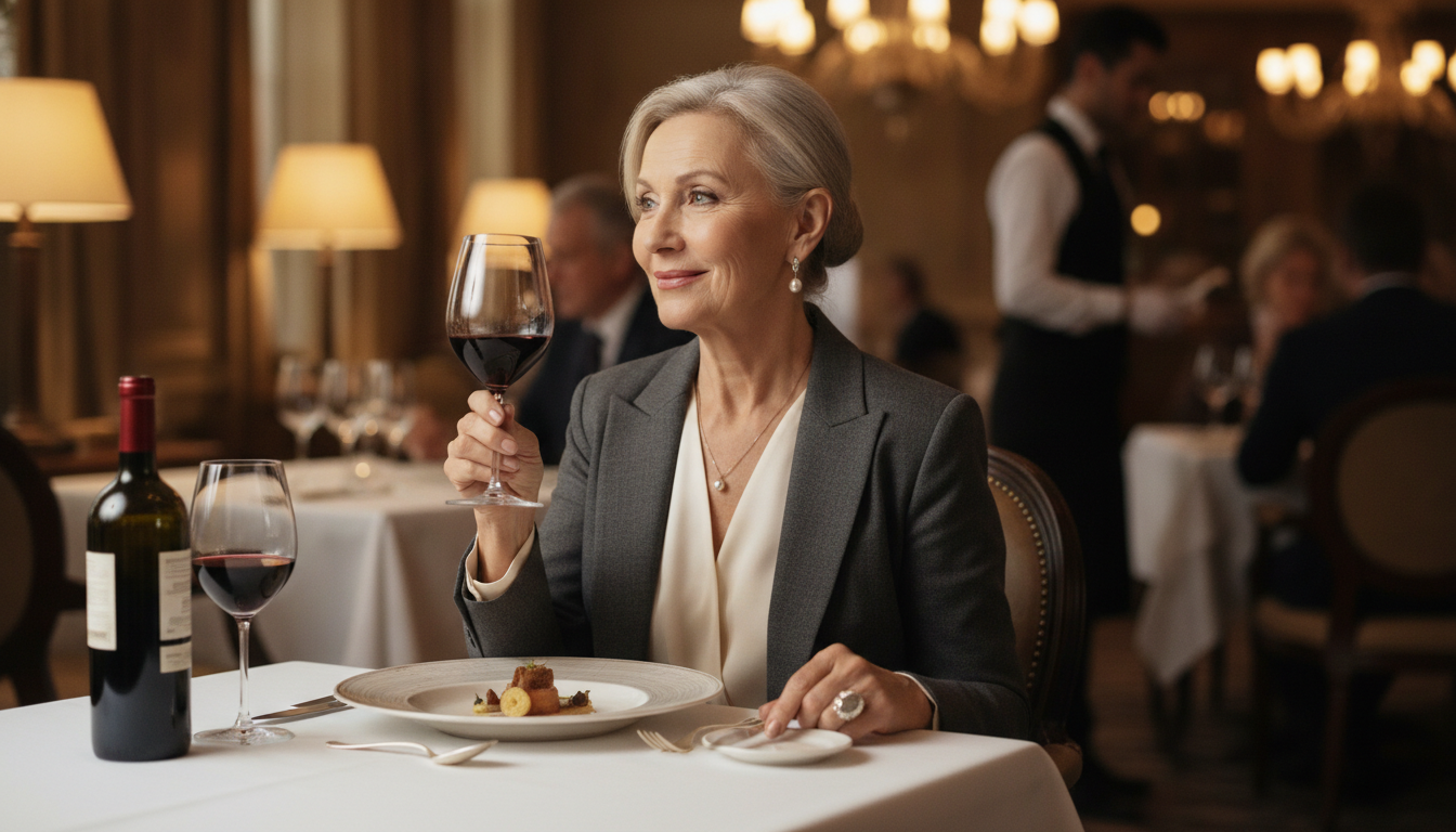 Selbstbewusste Frau genießt Wein allein in elegantem Restaurant