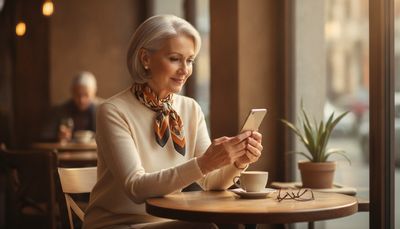 Reife Frau lächelt im Café beim Lesen einer Nachricht auf dem Smartphone