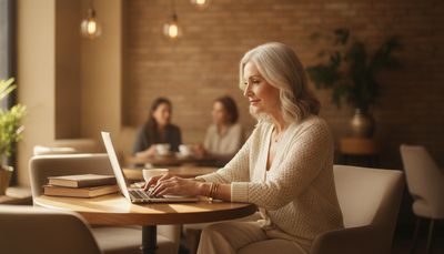 Reife Frau sitzt lächelnd mit Laptop in einem gemütlichen Café