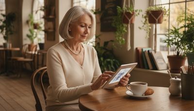 Reife Frau prüft nachdenklich ein Online-Dating-Profil auf ihrem Tablet im Café